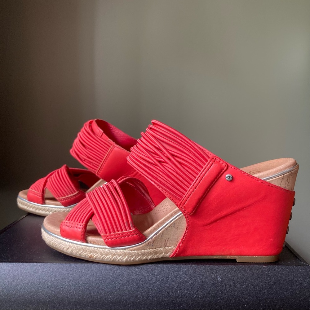 UGG | Hilarie Elastic Strappy Candy Apple Red Leather Wedge Heeled Sandals
